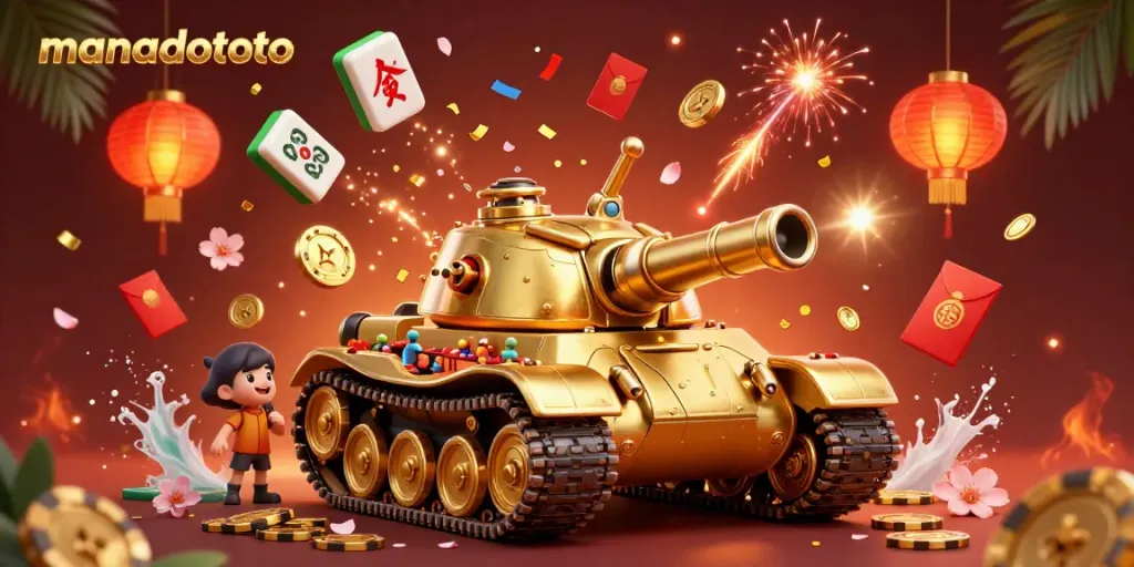 Experience excitement at manadototo with a vibrant 3D illustration of a golden beetle tank casino.