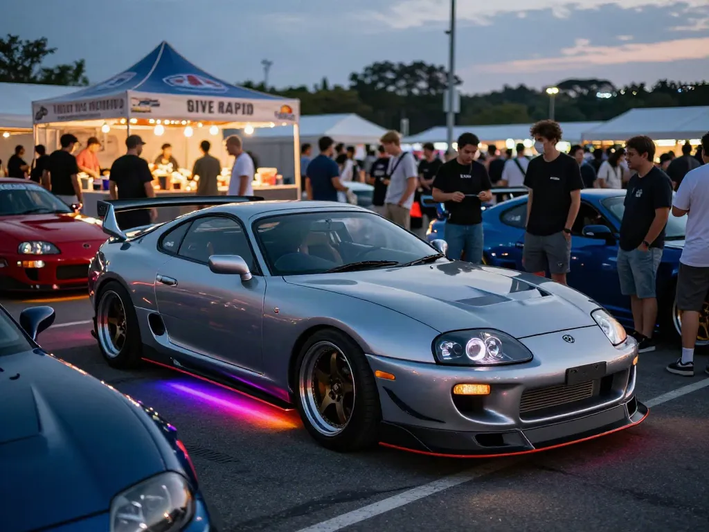 The A80 platform showcased at a lively car show, highlighting its iconic design and automotive culture.