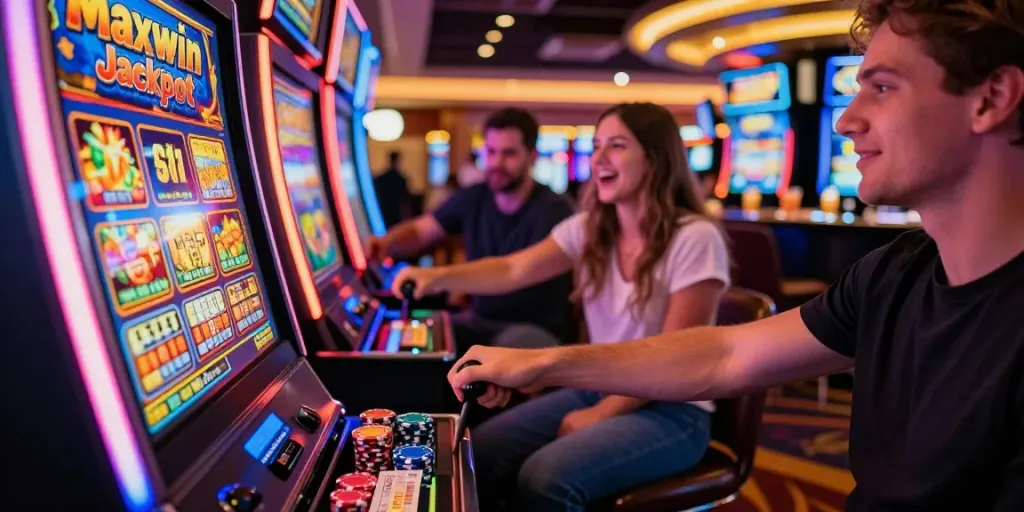 Player excitedly engaging with slot maxwin machine amidst vibrant casino atmosphere.