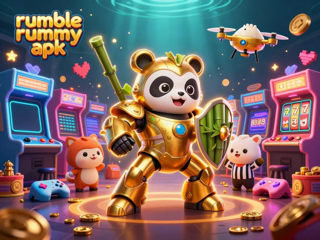 Experience the excitement of Rumble Rummy APK in a dynamic 3D casino scene filled with vibrant gaming elements.