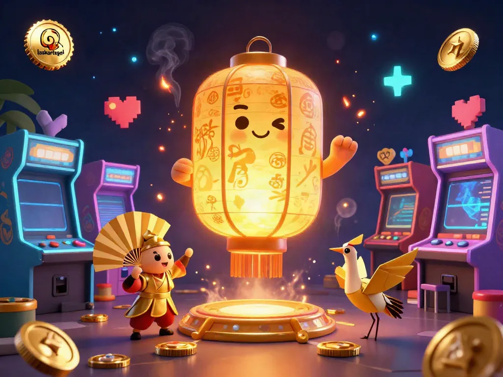 Experience the vibrant world of laskartogel with golden lanterns and arcade elements in this eye-catching illustration.