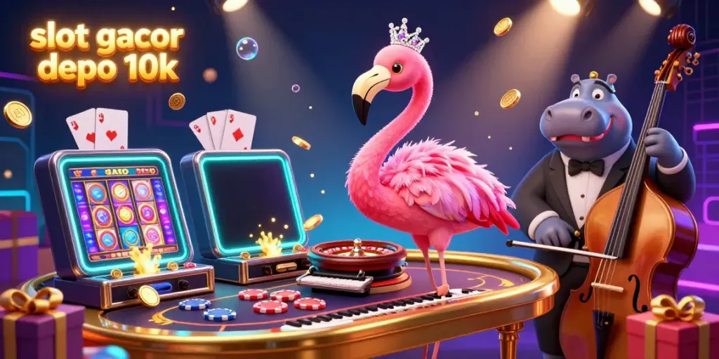 Permainan slot gacor depo 10k menampilkan flamingo penyanyi dan hippo penjaga konser dikelilingi slot dan koin emas.