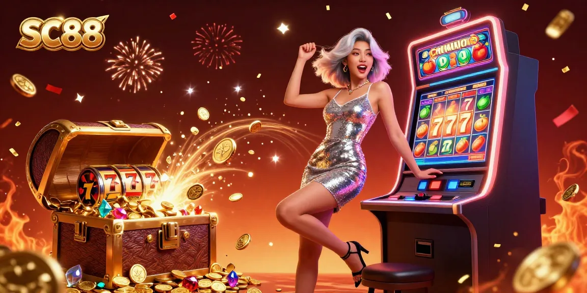 SC88 jackpot celebration with a gorgeous woman and exploding casino elements.