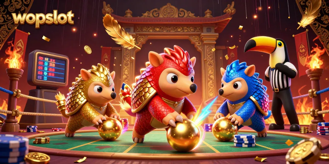 wopslot casino illustration featuring rival pangolins bowling through poker chips with a dynamic backdrop.