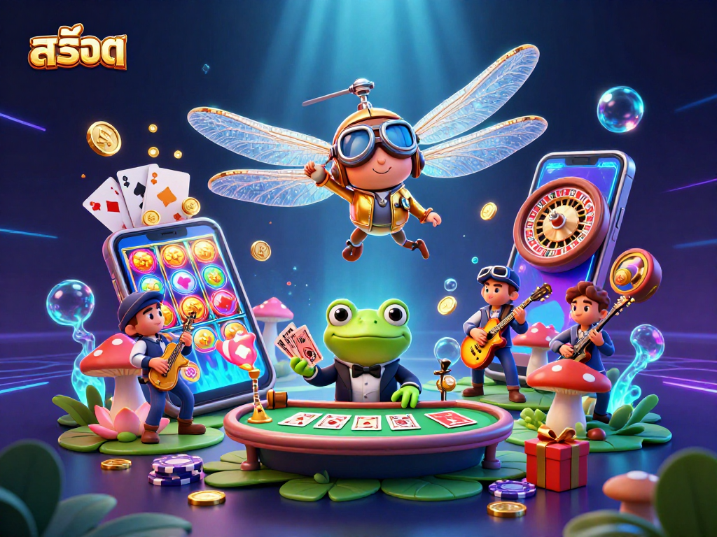 Play สล็อต in an energetic casino scene with a dragonfly pilot and frog dealer.