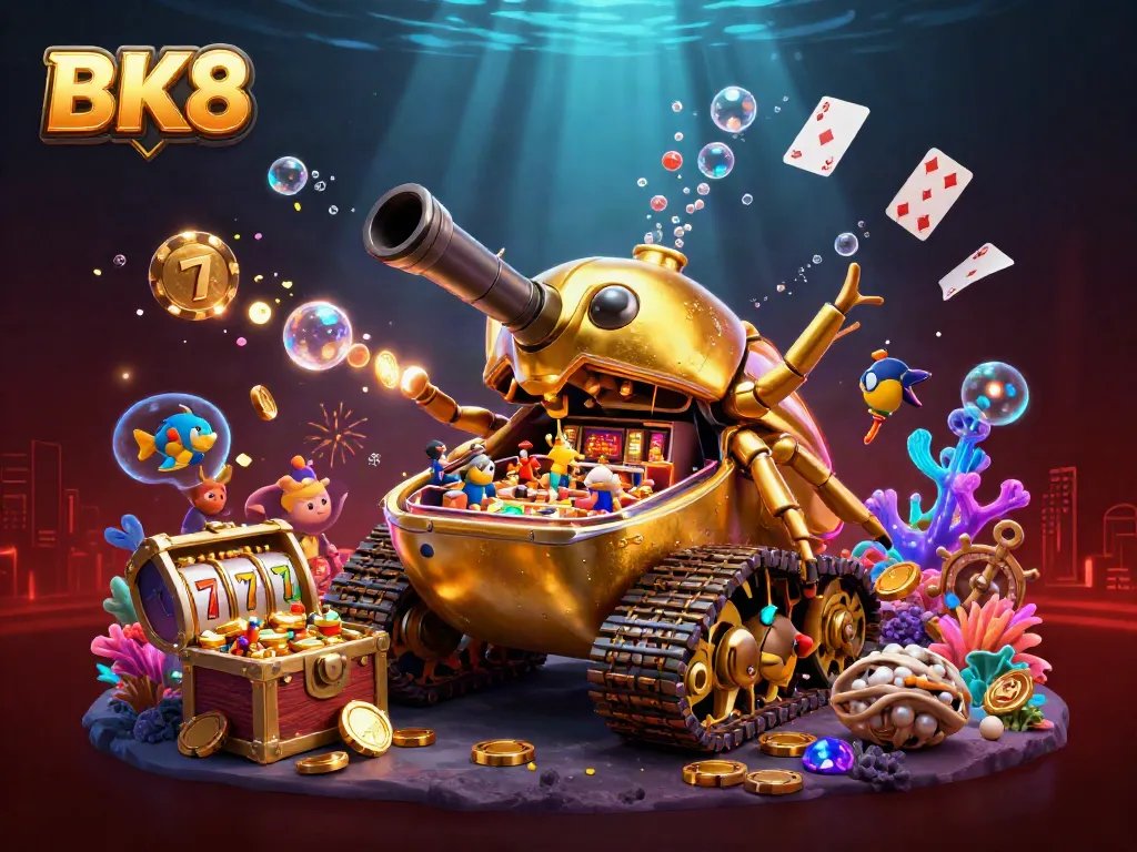 Experience excitement with BK8's animated casino scene featuring golden beetle tank and vibrant game elements.
