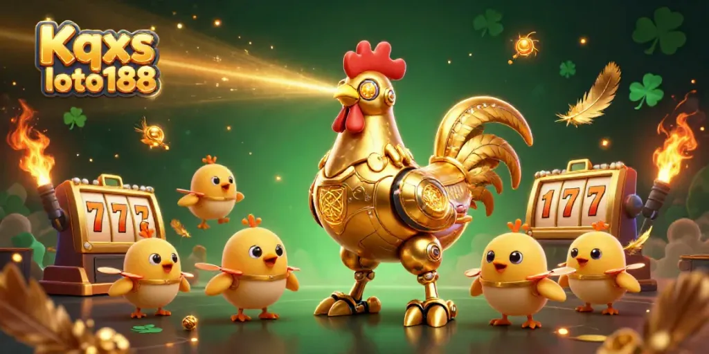 Kqxs loto188's vibrant casino scene features a golden rooster robot and chick drones surrounded by exciting slot game elements.