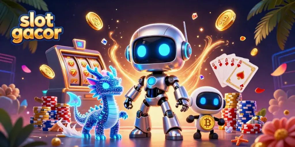 Engage with the vibrant world of slot gacor, featuring a futuristic robot mascot and dynamic casino elements.