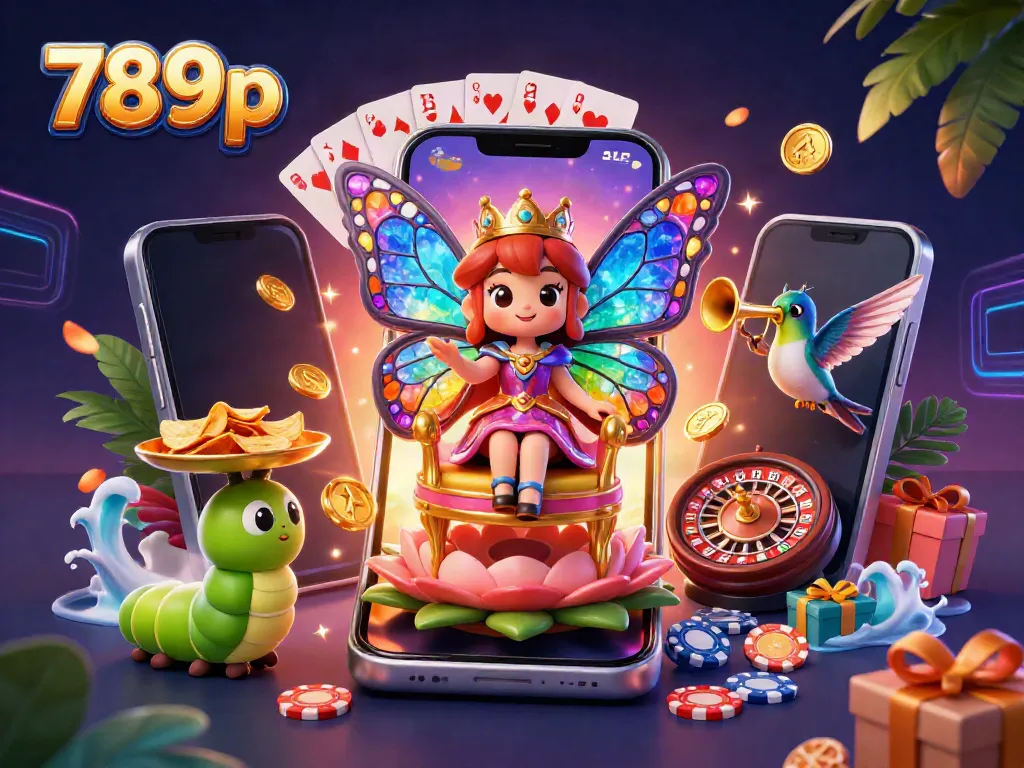 Experience the vibrant world of 789p online slots with a fantastical butterfly queen surrounded by gaming elements.
