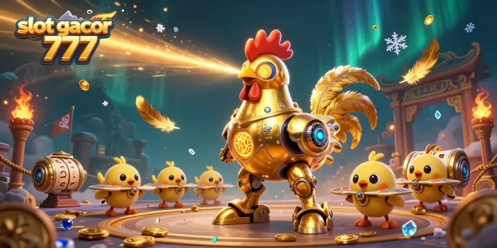 Mempersembahkan permainan slot gacor 777 dengan robot ayam emas yang futuristik dan drone bayi di arena bertarung.