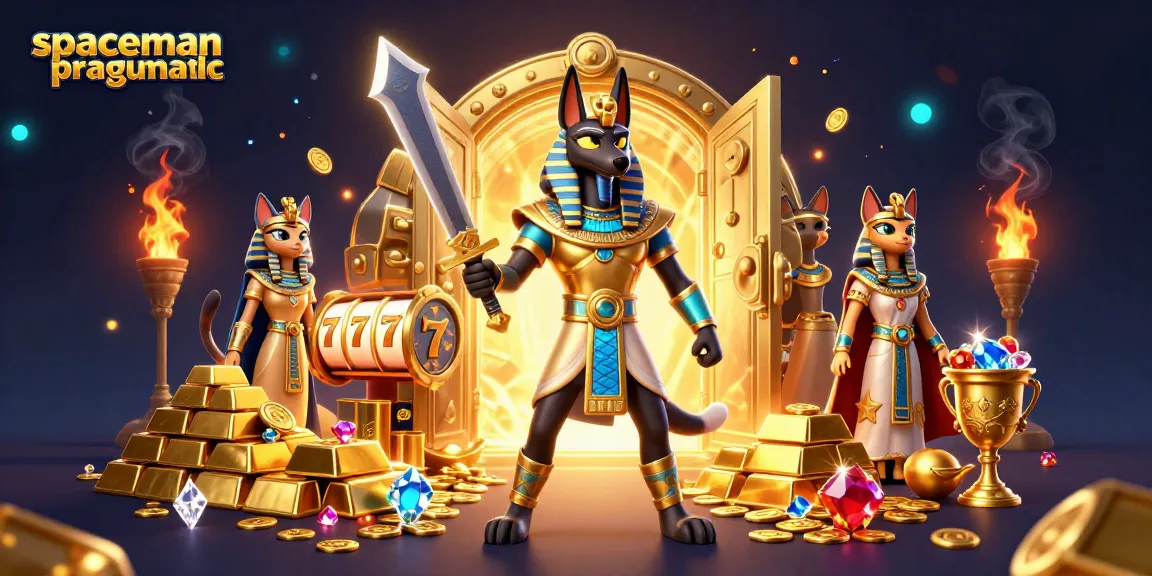 Engage with the vibrant spaceman pragmatic slot gaming scene showcasing Anubis and Bastet surrounded by riches.