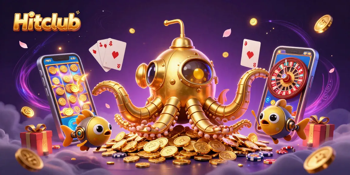 Win big at Hitclub with an exciting 3D illustration of a golden kraken submarine and casino games!