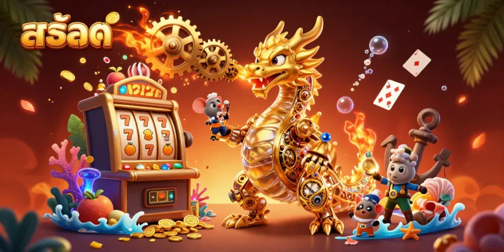Experience thrilling สล็อต excitement with our dynamic gaming scene featuring a golden dragon and classic slot elements.