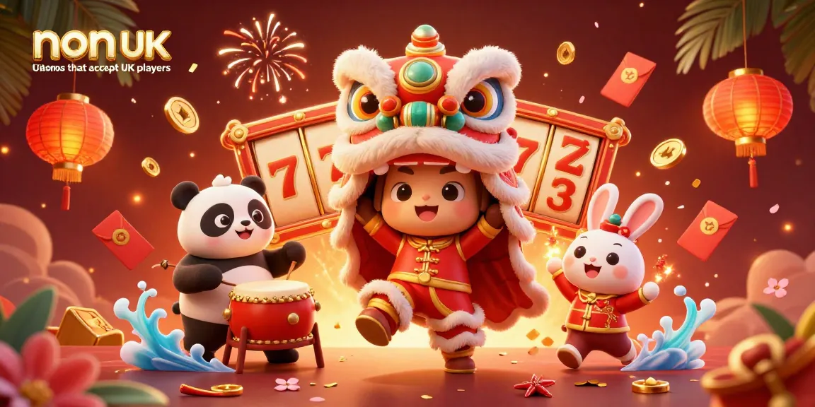 Experience the thrill at non UK casinos that accept UK players with vibrant slot games and festive scenes.