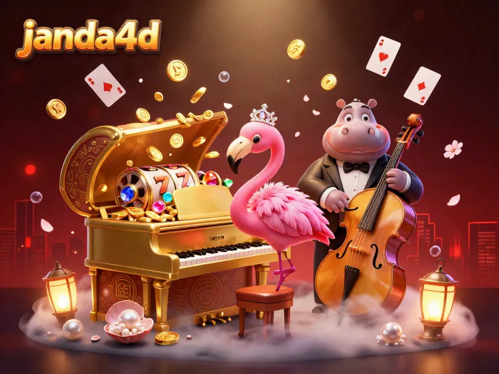 Gandeng janda4d dalam suasana kasino yang ceria dengan penyanyi flamingo dan bassis hippo.