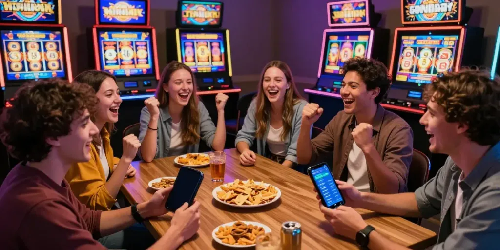 Excited friends playing slot games together at home.