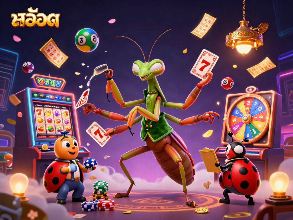 Engage with slots สล็อต excitement alongside animated casino characters in vibrant illustration.