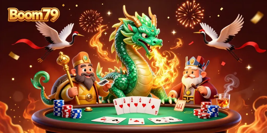 Experience thrilling gameplay with Boom79, featuring a vibrant casino scene and mystical characters.
