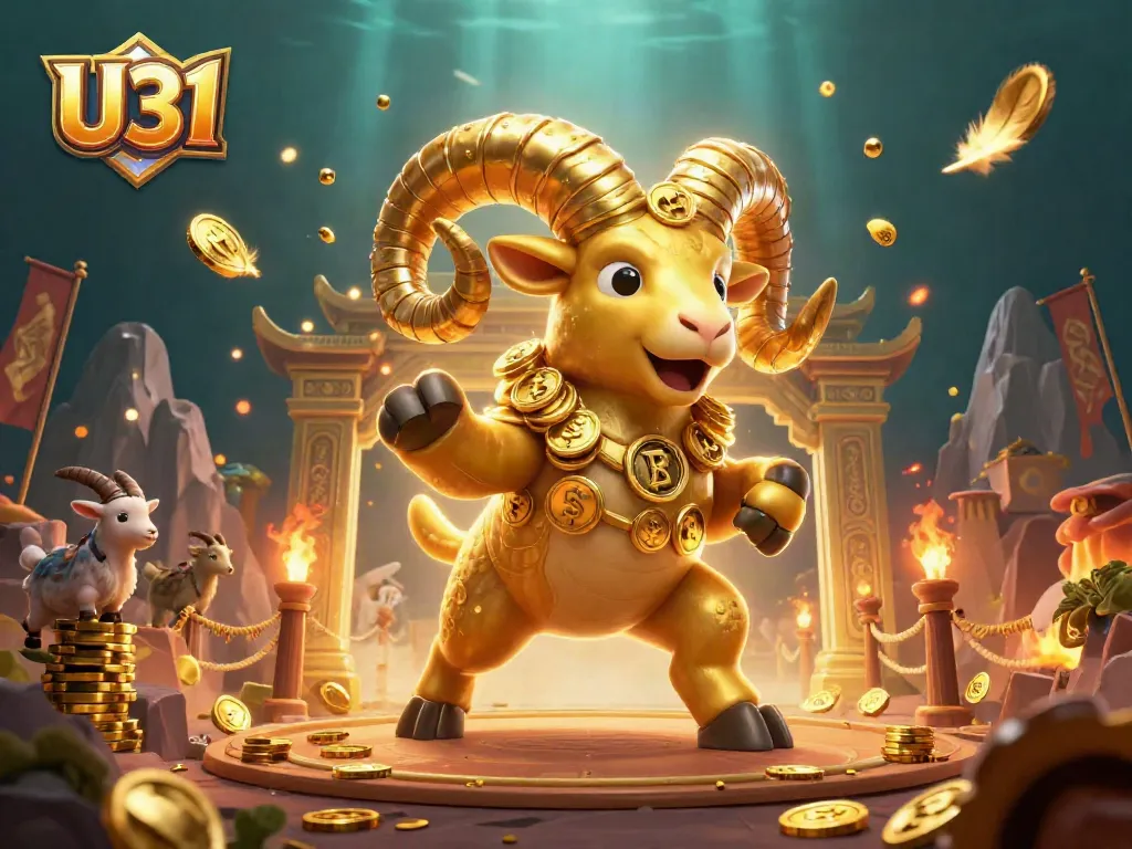 Engage in thrilling U31 online casino action with a charging golden ram amidst vibrant gambling elements.