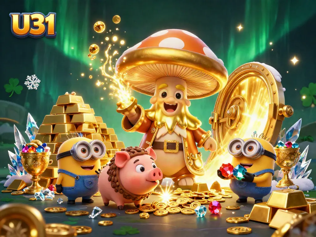 Spin to win at U31 with magical characters and treasures in this vibrant casino scene.