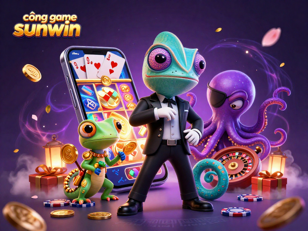 Join the fun at cổng game sunwin with thrilling slot games, spinning reels, and vibrant casino characters.