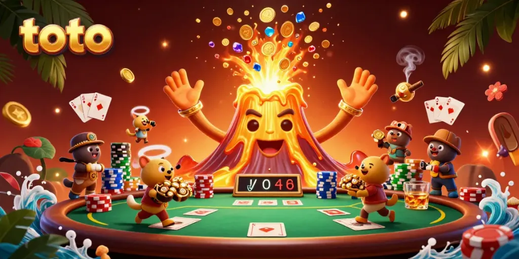Experience the thrill of toto gaming with a captivating eruption of coins and adventurous characters.