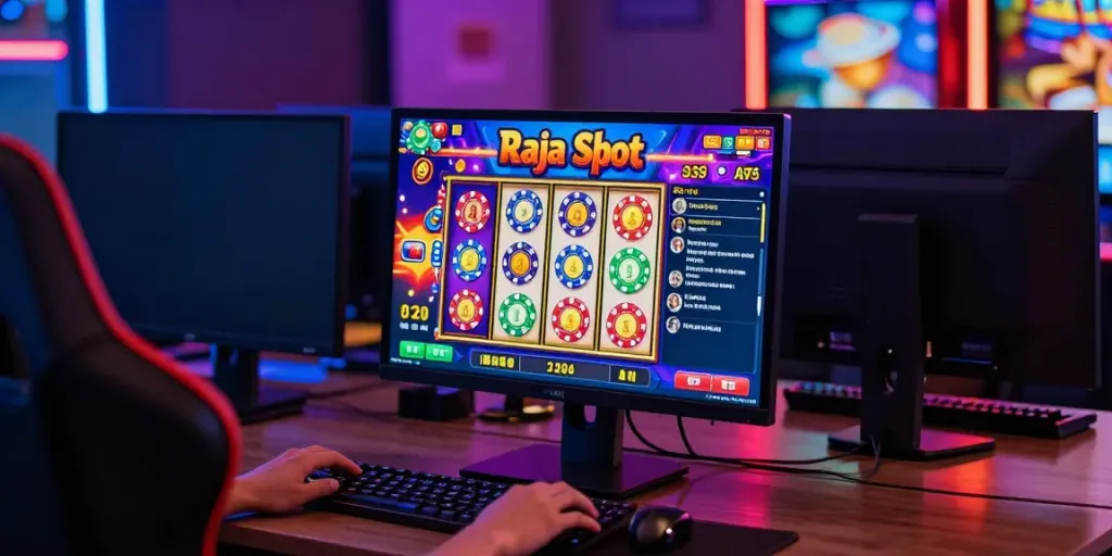 Engaging Raja Slot game interface displayed on a vibrant gaming setup with chips and smartphone notifications.