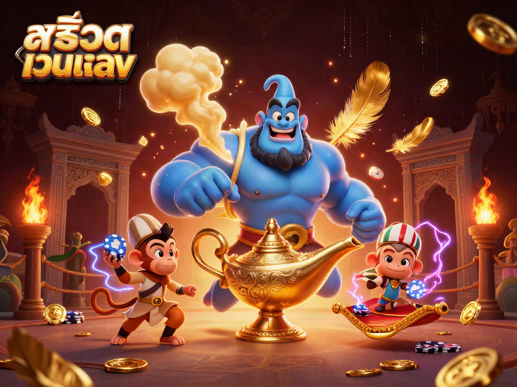Experience the thrill of สล็อตเว็บตรง with a dynamic 3D casino adventure featuring a genie, monkey, and poker elements.