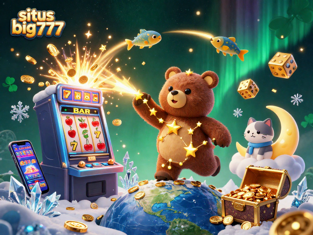 Spin and win with situs big777 in a dazzling 3D casino jackpot illustration.