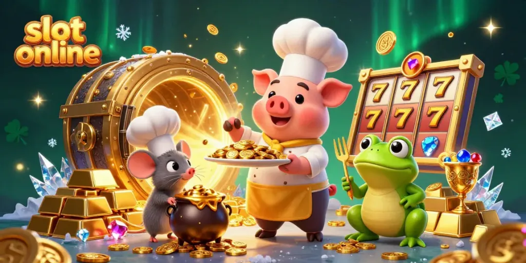 Gambarkan keseruan bermain slot online dengan karakter pengantar babi, tikus, dan katak di tengah kekayaan koin dan harta.