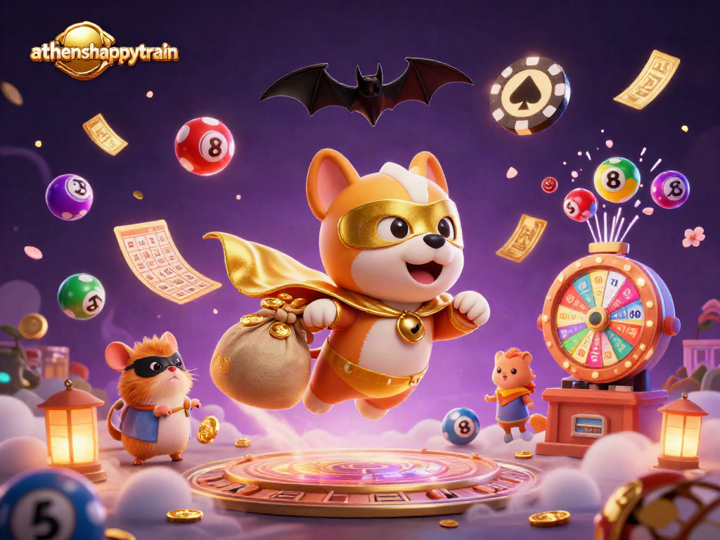 Athenshappytrain showcases a superhero dog and hamster engaging in vibrant, exhilarating lottery fun.