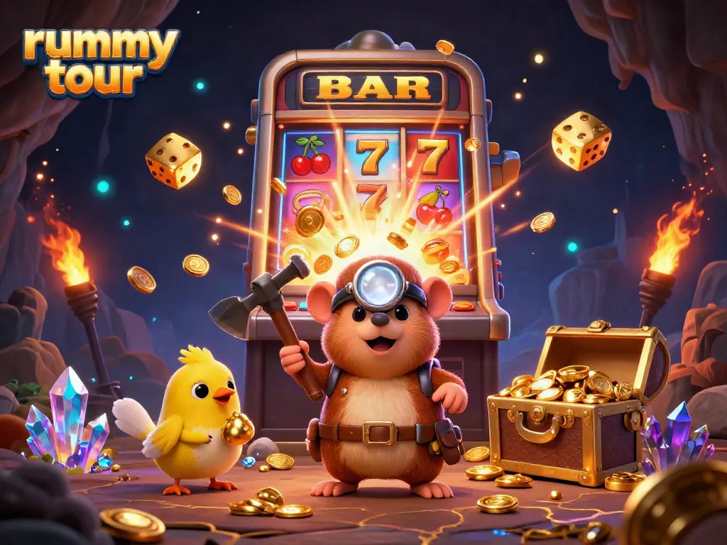 Menangkan permainan dengan rummy tour, dikelilingi oleh karakter menggemaskan dan elemen kasino yang menarik.