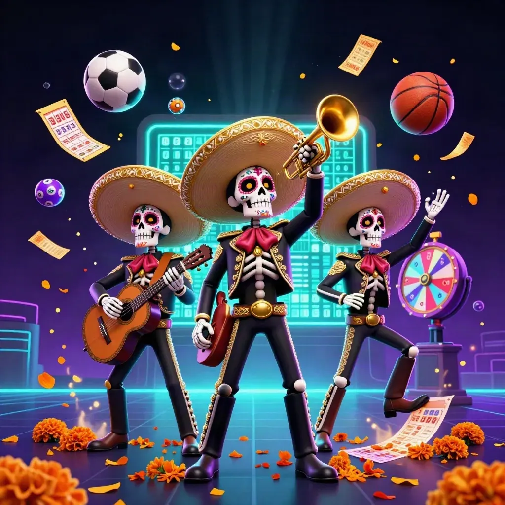 Skeleton mariachi trio amid flying balls, tickets, petals, neon casino lights, and sports gear.