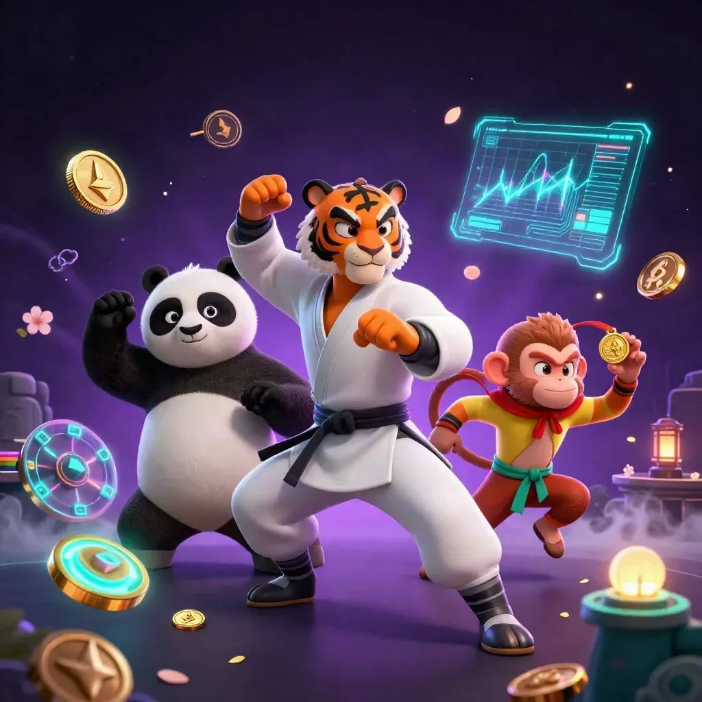 Tiger, panda, and monkey in neon casino action with glowing crypto coins and a spinning roulette wheel.