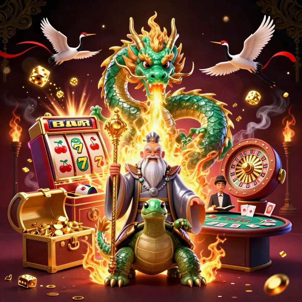Jade dragon, turtle sage, and cranes amid casino loot, glowing lights, and a dark luxe backdrop