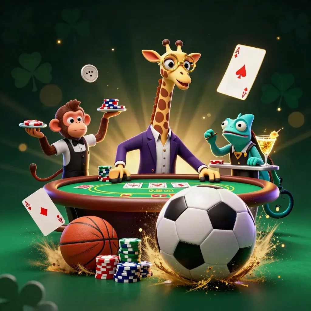 Cartoon giraffe, monkey, and chameleon at a casino table amid a flying soccer ball and gold light.