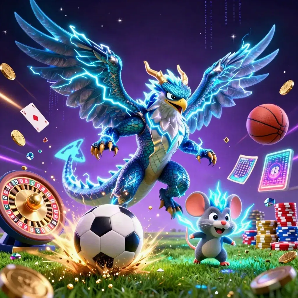 Dragon, hawk, and mouse amid casino icons, coins, cards, and sports balls in neon storm