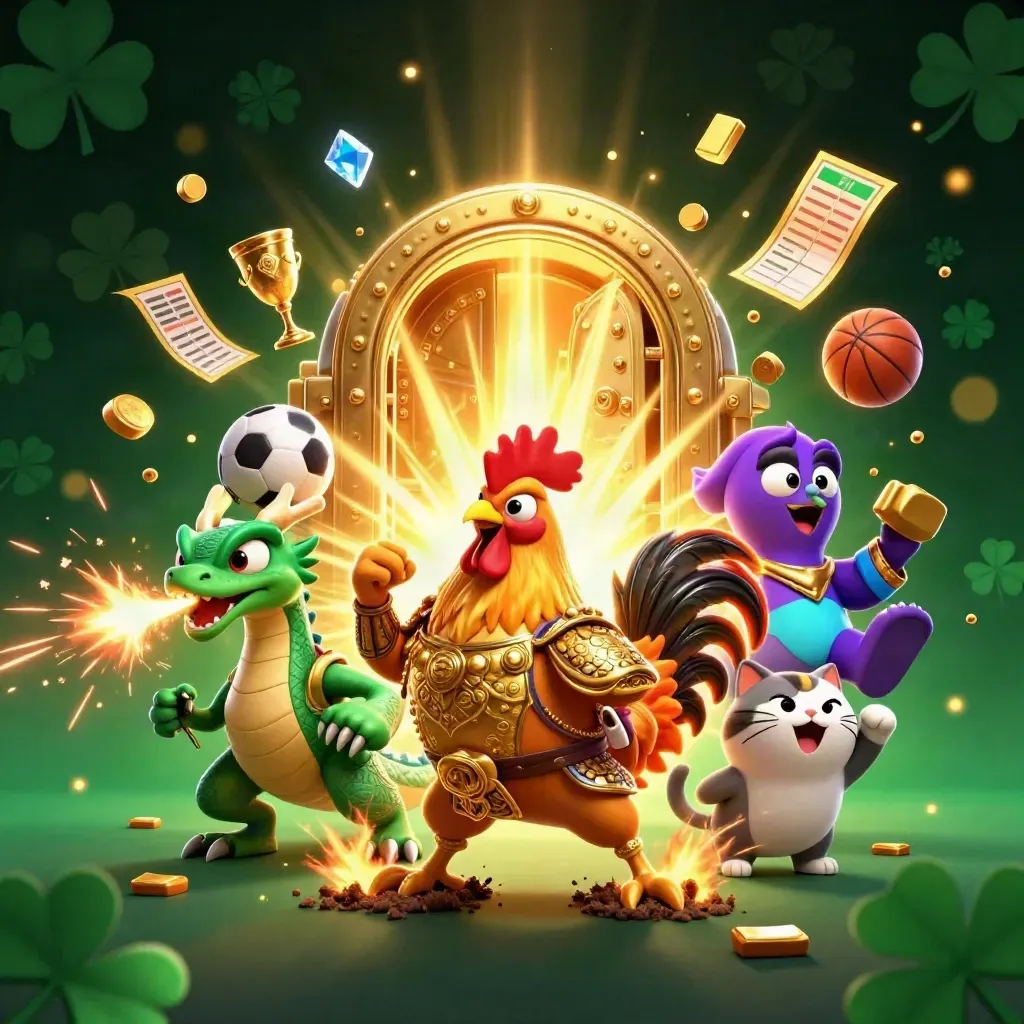 Samurai rooster, dragon hatchling and fortune-cat burst amid gold, gems and a vault glow.