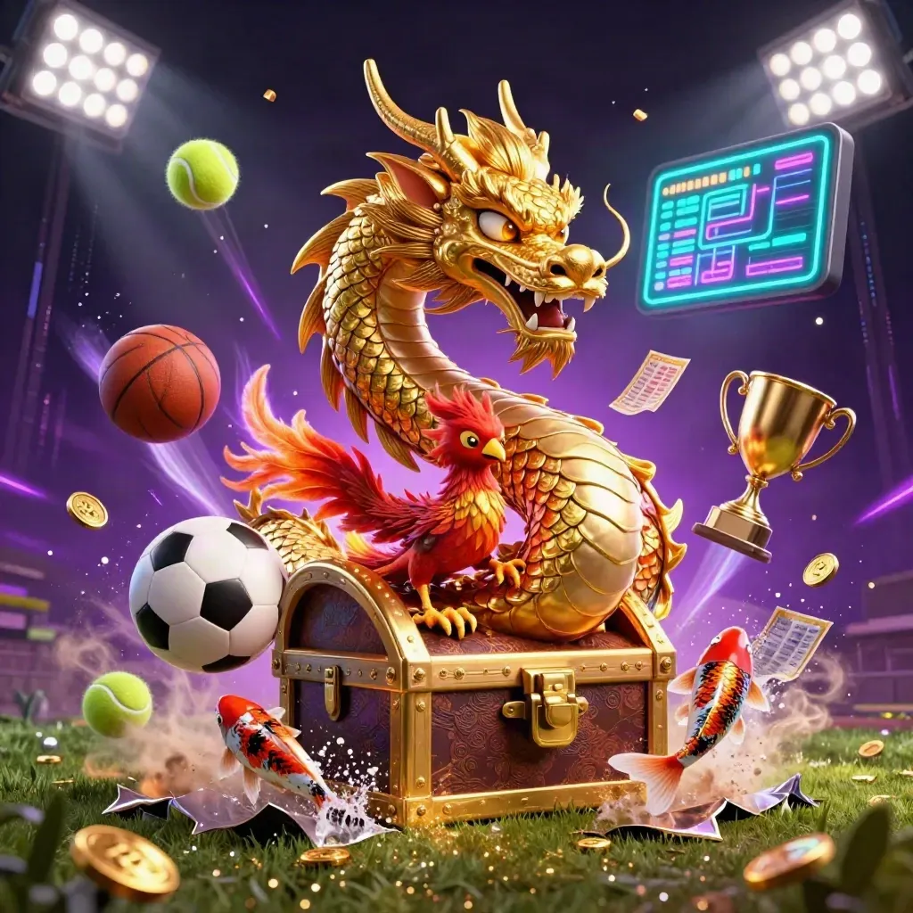 Golden dragon, phoenix, koi, and sports balls explode in neon casino light