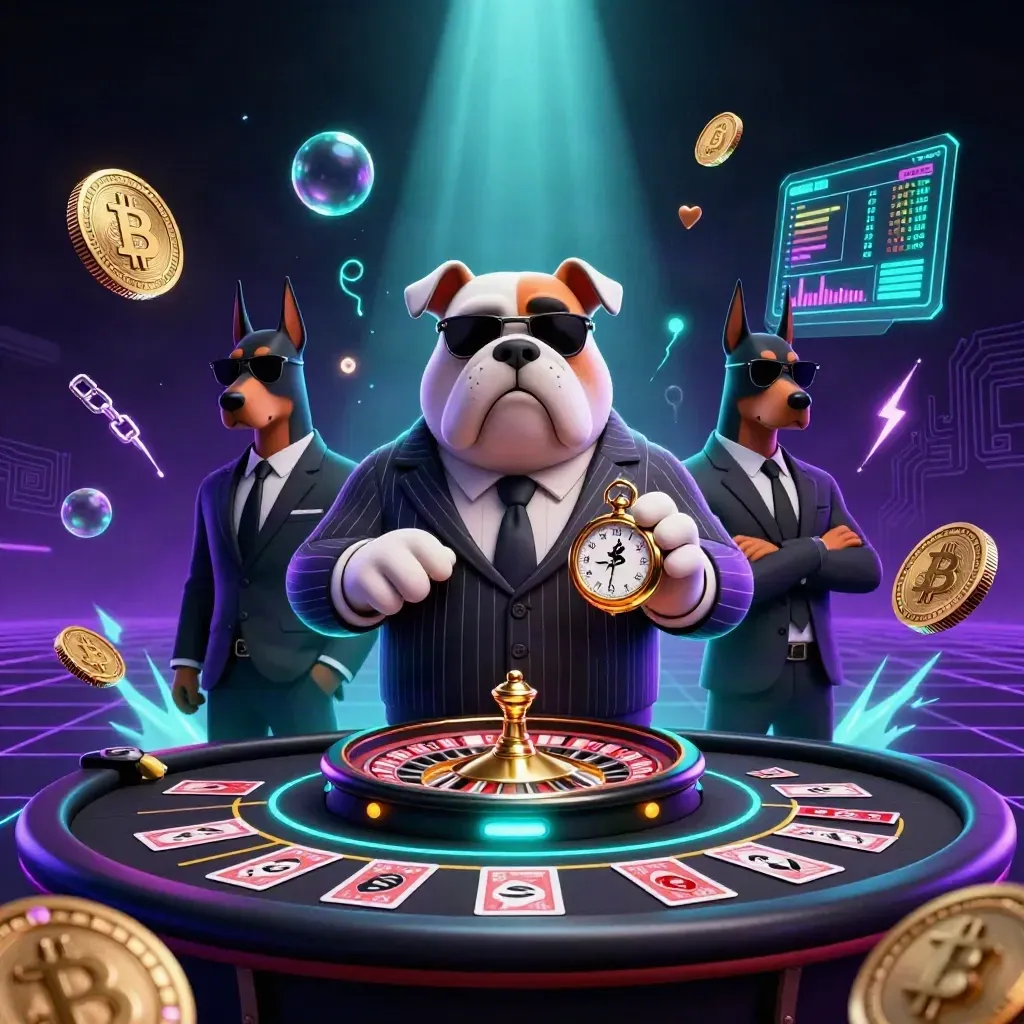 Mafia-boss bulldog and two Dobermans in neon casino tech glow with roulette, coins, and charts.