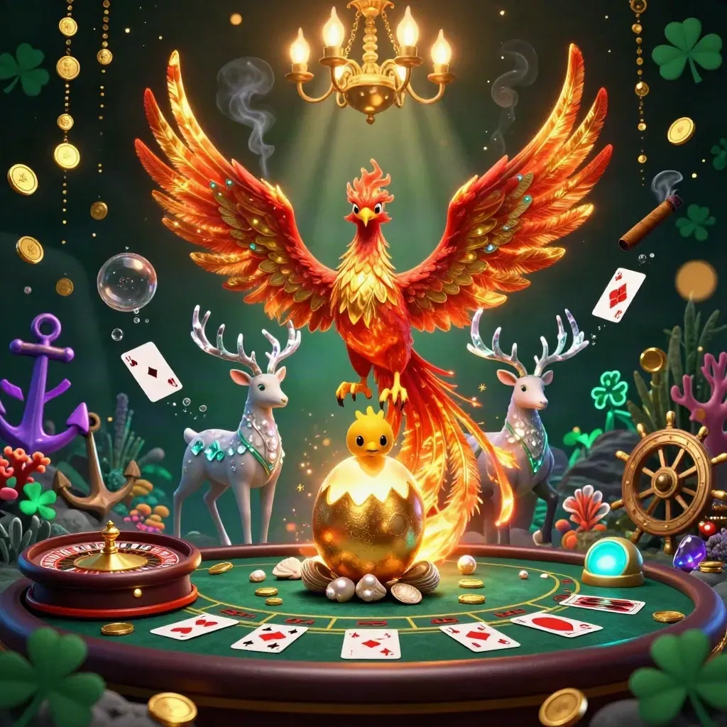Phoenix, hatchling, and stag amid treasure glow, teal-violet casino luxury, gold sparks.