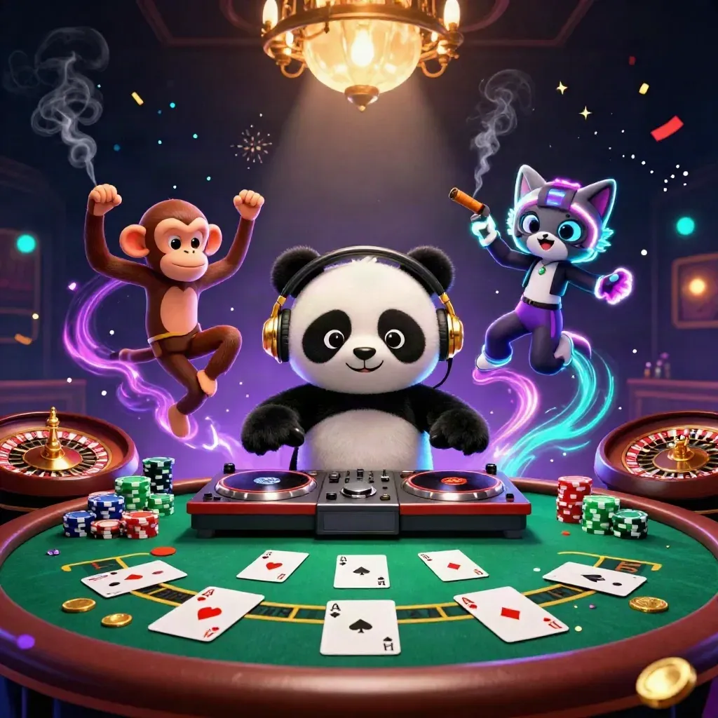 DJ panda, breakdancing monkey and glow-stick kitten in a neon casino with poker, roulette and sparks