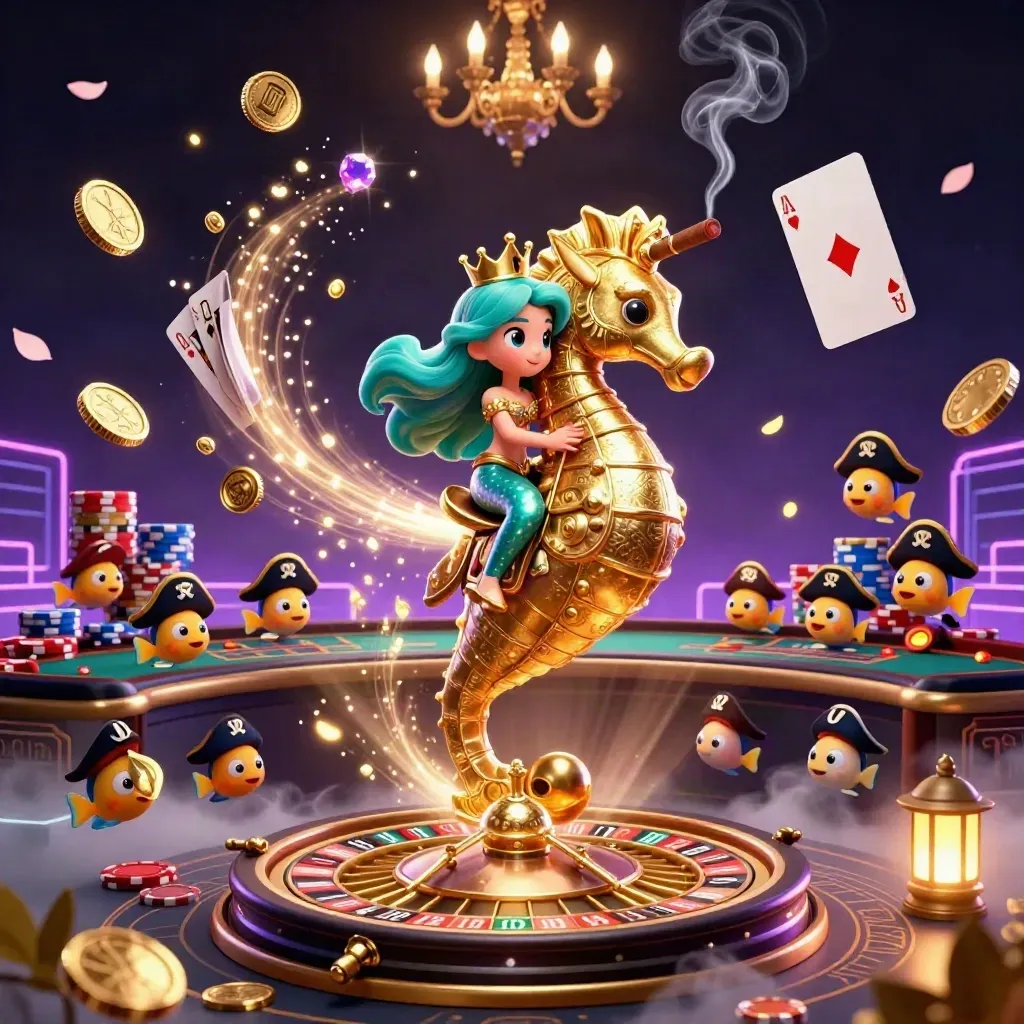Mermaid princess on armored seahorse amid casino coins, cards, chips, neon fog.