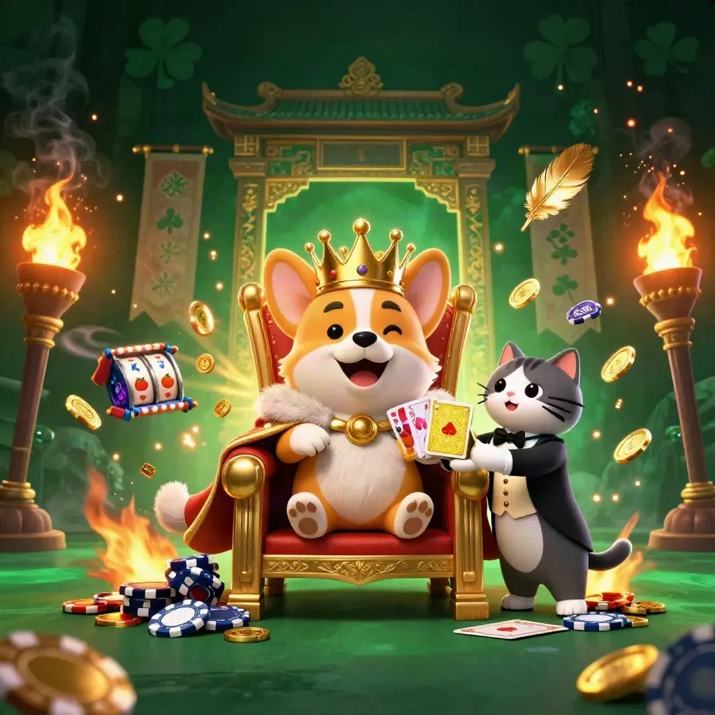 Royal corgi and cat butler on poker-chip throne amid temple gates, fire, coins, and teal glow.