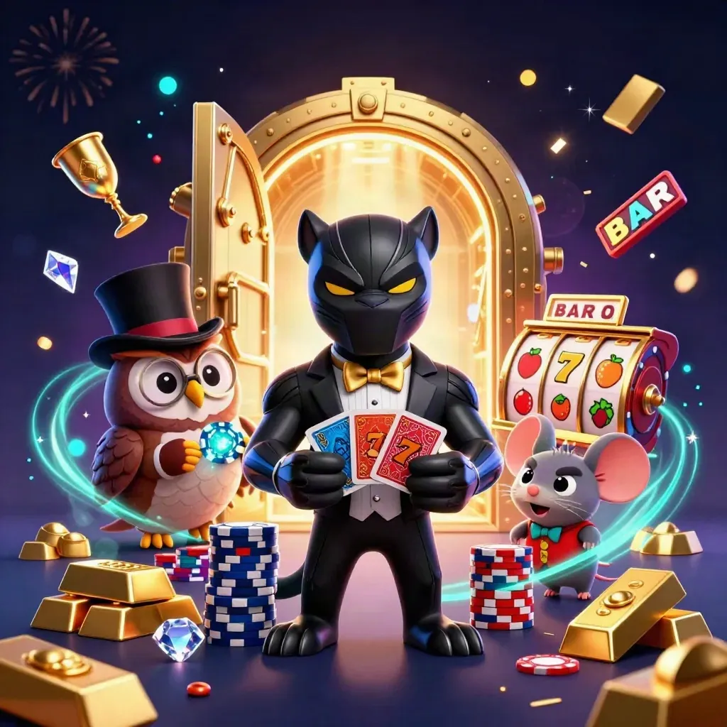 Panther, owl, and mouse celebrate as a vault explodes with gold, gems, and neon casino energy.