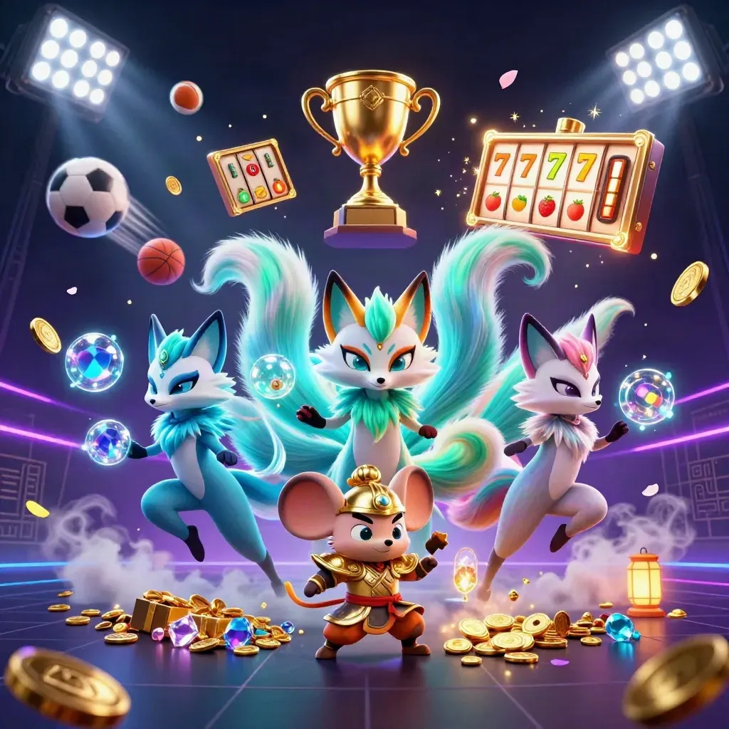 Neon fox spirits, armored mouse, coins, sports balls, trophy, and teal casino glow on dark backdrop.