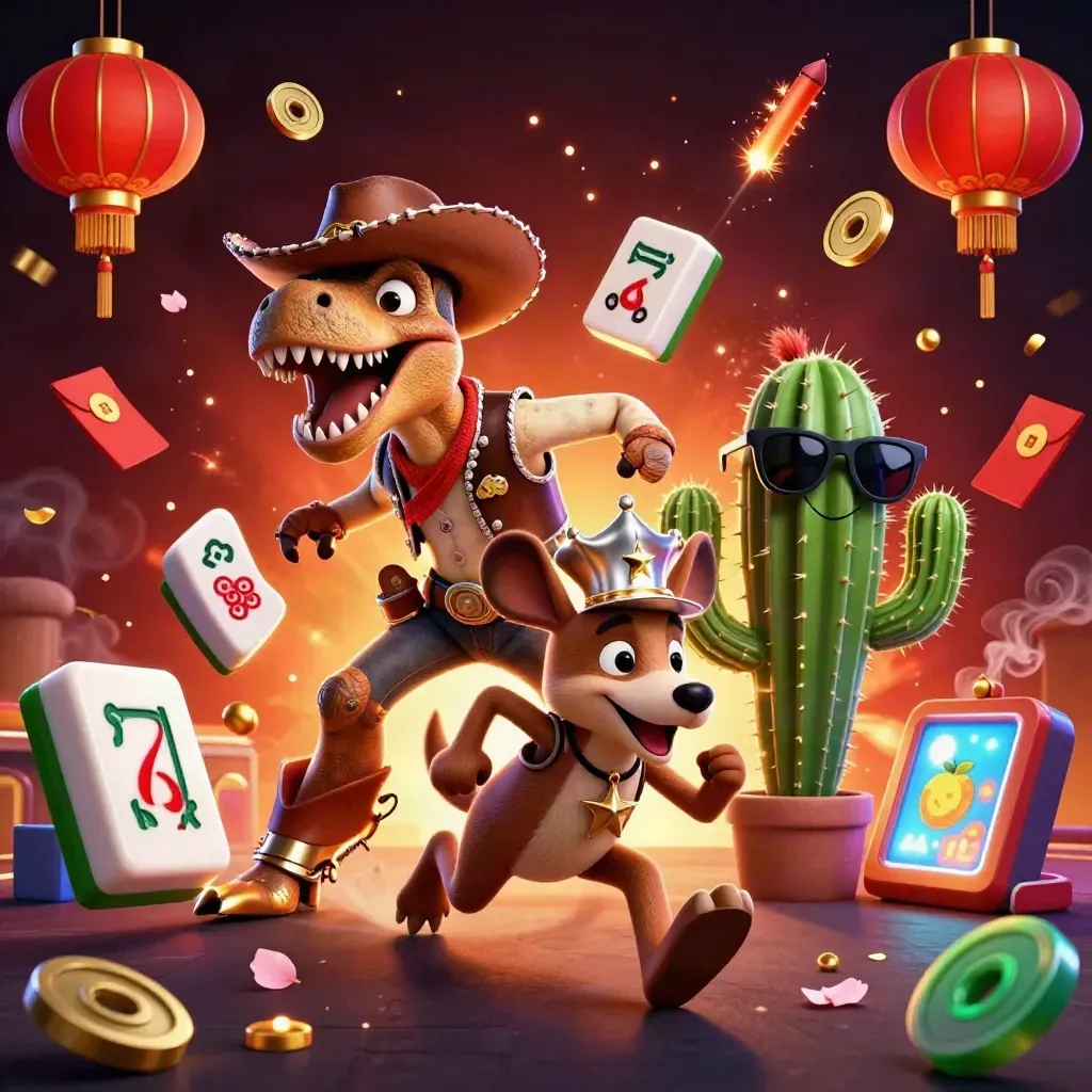 Cowboy T-Rex, cactus sidekick, and sheriff roadrunner amid casino treasures and neon sparks.