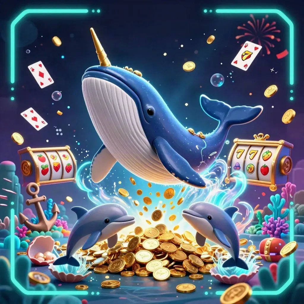 Whale captain, narwhal, and dolphins erupt through coins in a neon teal treasure cove.