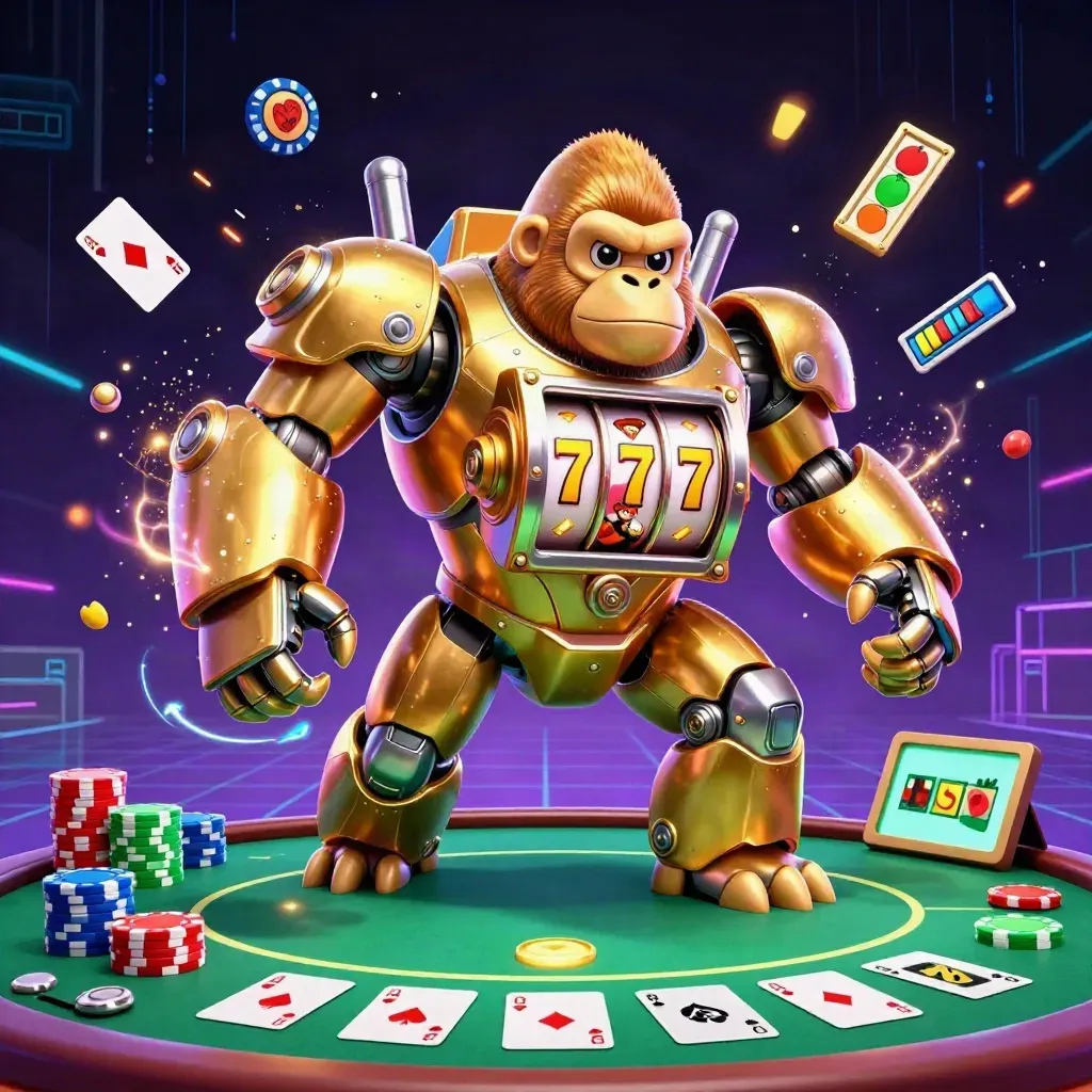 Golden gorilla mech with a monkey pilot explodes from casino chips, cards, and neon energy.