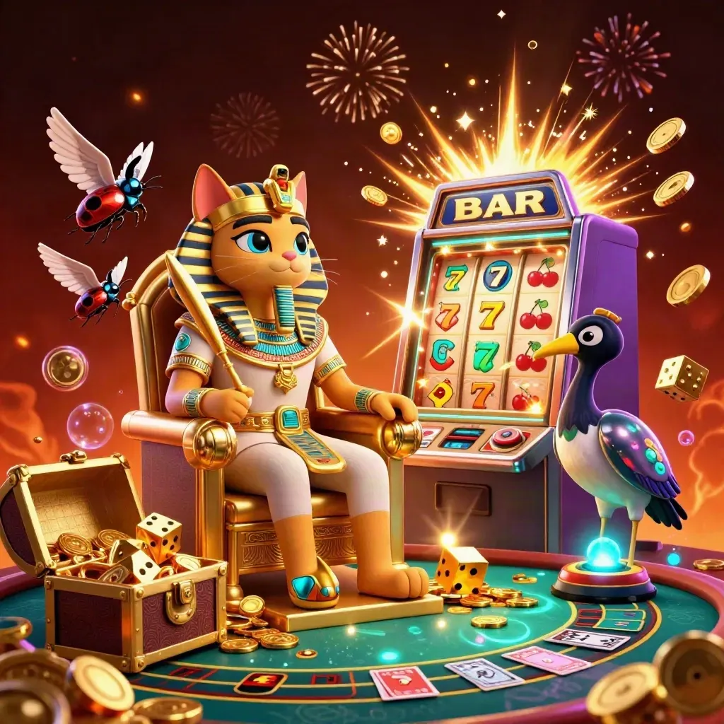 Pharaoh cat, ibis scribe, and gem-wing scarabs amid exploding casino loot and glowing slot effects.